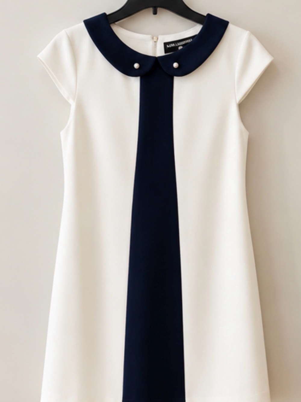 Karl Lagerfeld White Dress with Navy Panel and Pearl-Accented Collar